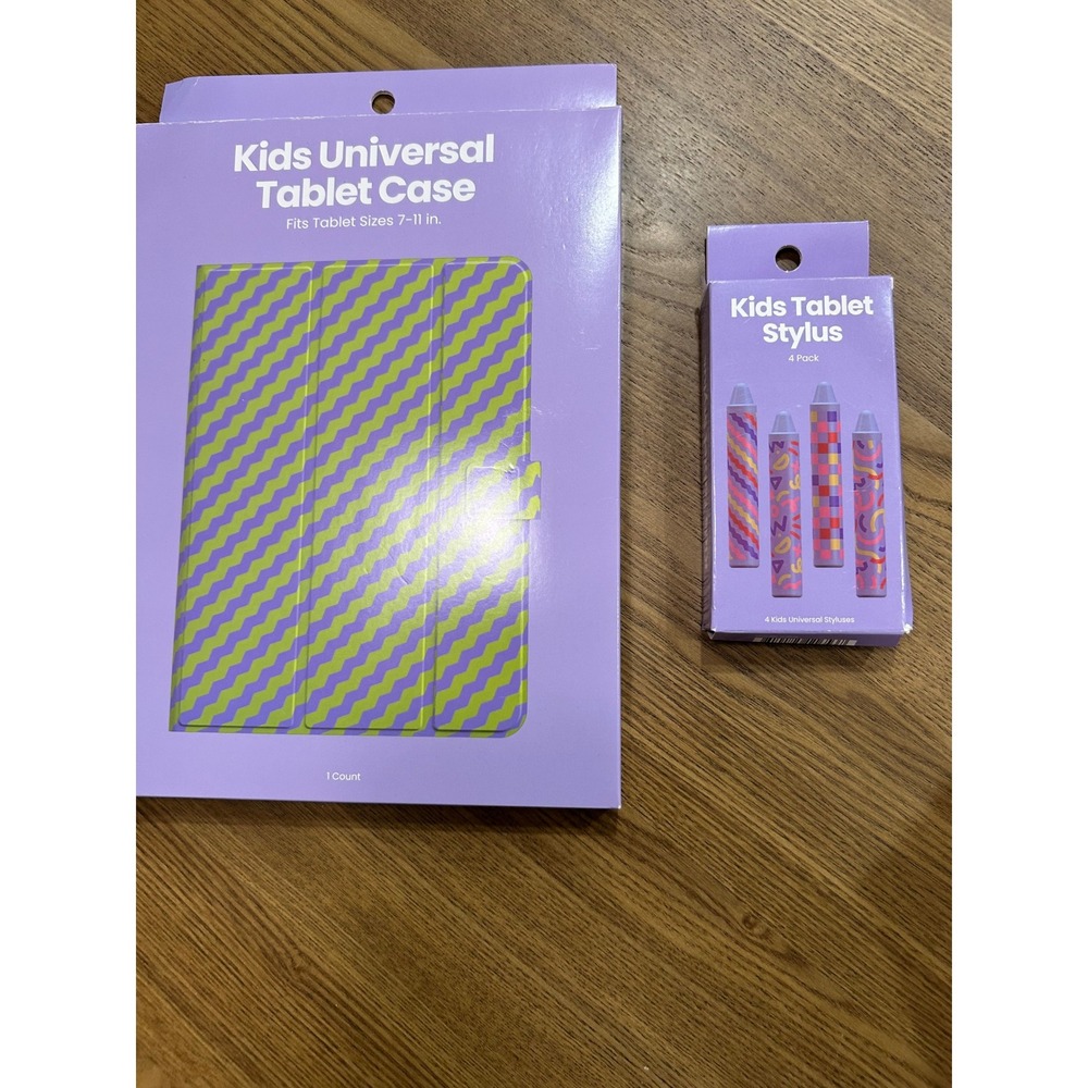 Kids Universal Tablet Case + Stylus 4-Pack - 7-11 inch Purple Green